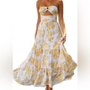 White and yellow floral strapless dress